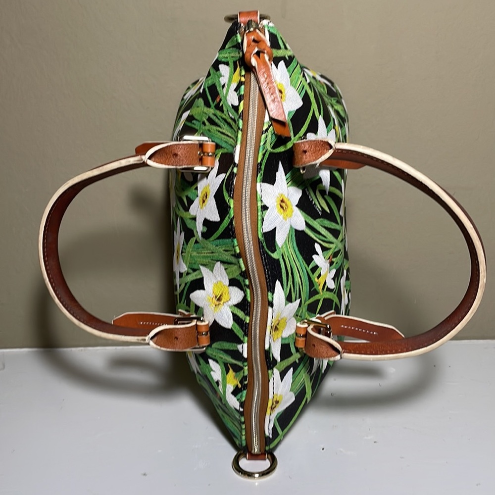 Dooney & Bourke Floral Daffodil Satchel with Brown Leather Handles - Picture 7 of 13